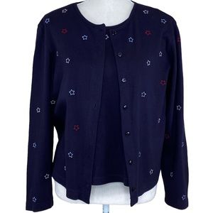 Talbots Navy Embroidered Red, White & Blue Stars Coordinating Cardigan Set Small